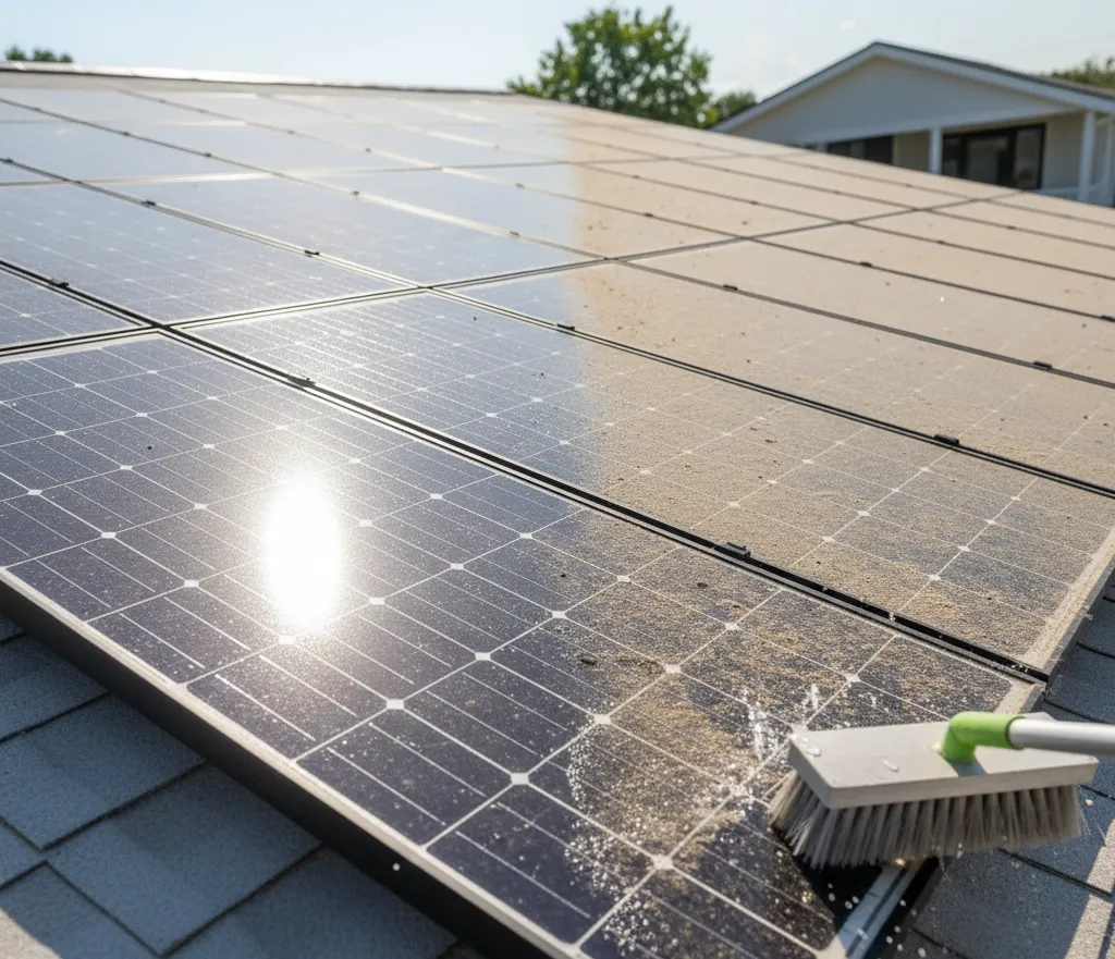 Top-down view of solar panels being cleaned with water and soft brush, showing sparkling clean panels next to dirty panels for comparison, with sunlight reflecting on panels