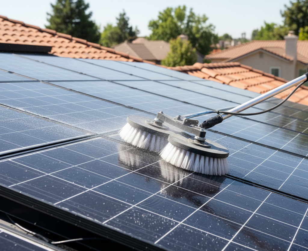 Rotating motorized solar panel cleaning brush for large and heavily soiled solar installations