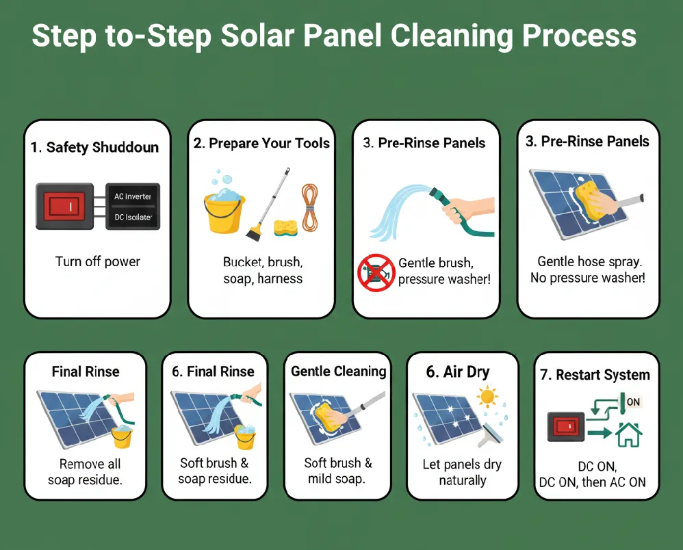How to clean solar panels safely , step by step 
