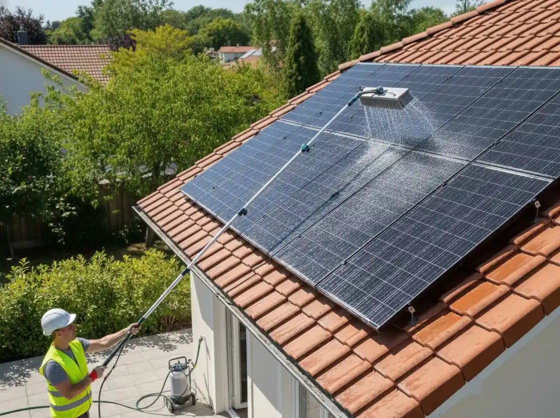 Water-fed pole solar panel cleaning brush for cleaning rooftop solar panels safely