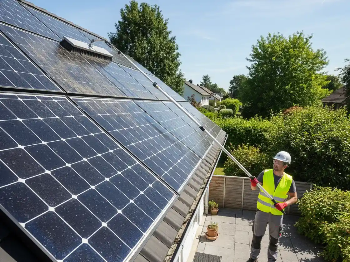 Extendable solar panel cleaning brush and pole reaching high-mounted panels