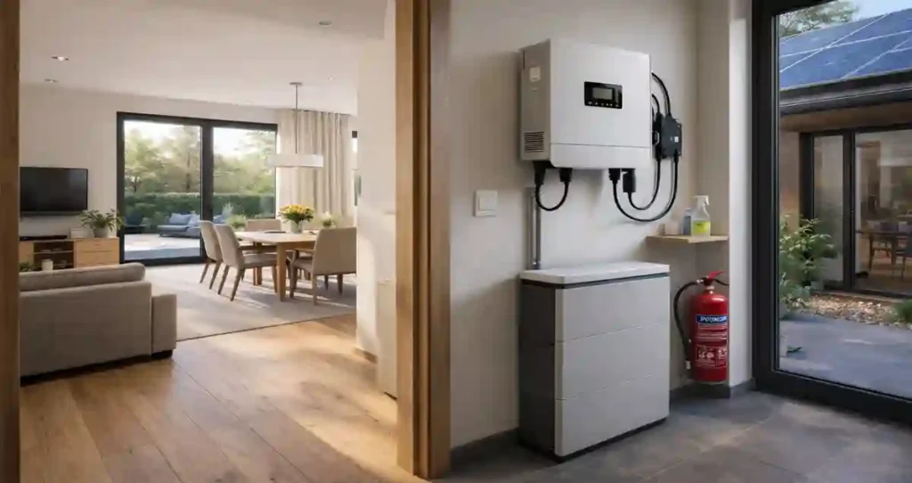 10kW Solar System with Battery Backup installation inside home with hybrid inverter, LiFePO4 battery, and fire extinguisher for safety