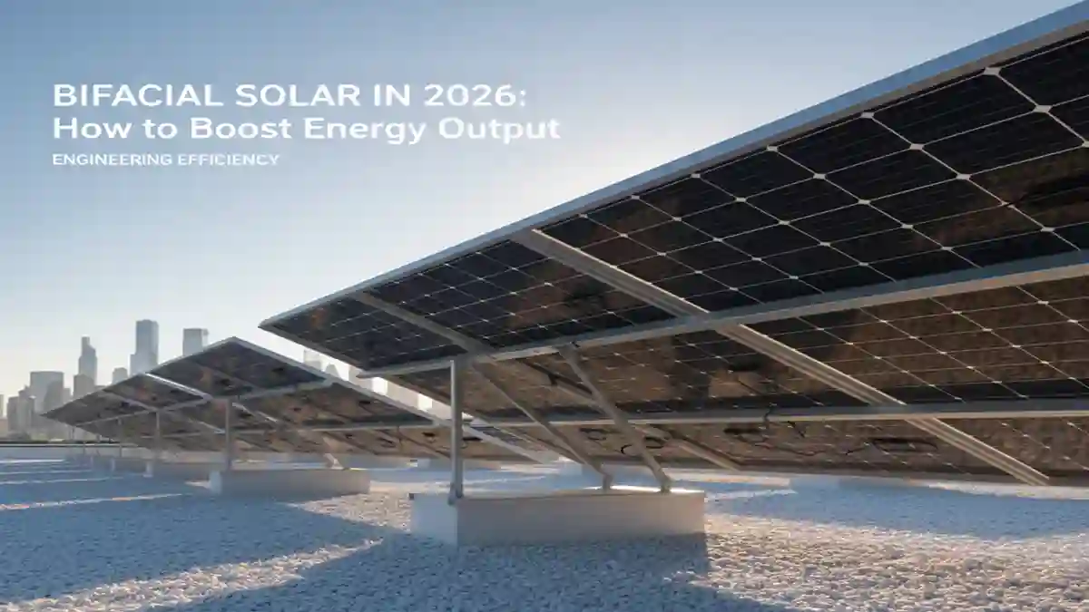 Bottom view of bifacial solar panels installed on white reflective gravel showing mounting height and rear-side irradiance capture.