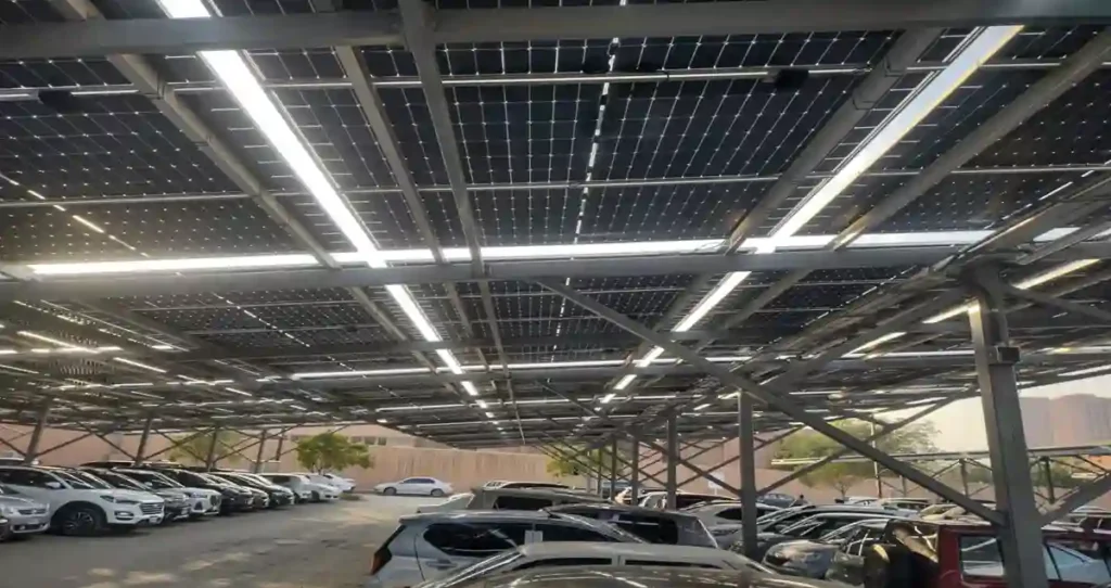 Bifacial solar panels installed over a hospital parking lot capturing sunlight on both front and rear sides, with reflective surfaces from cars and light-colored ground enhancing energy output.