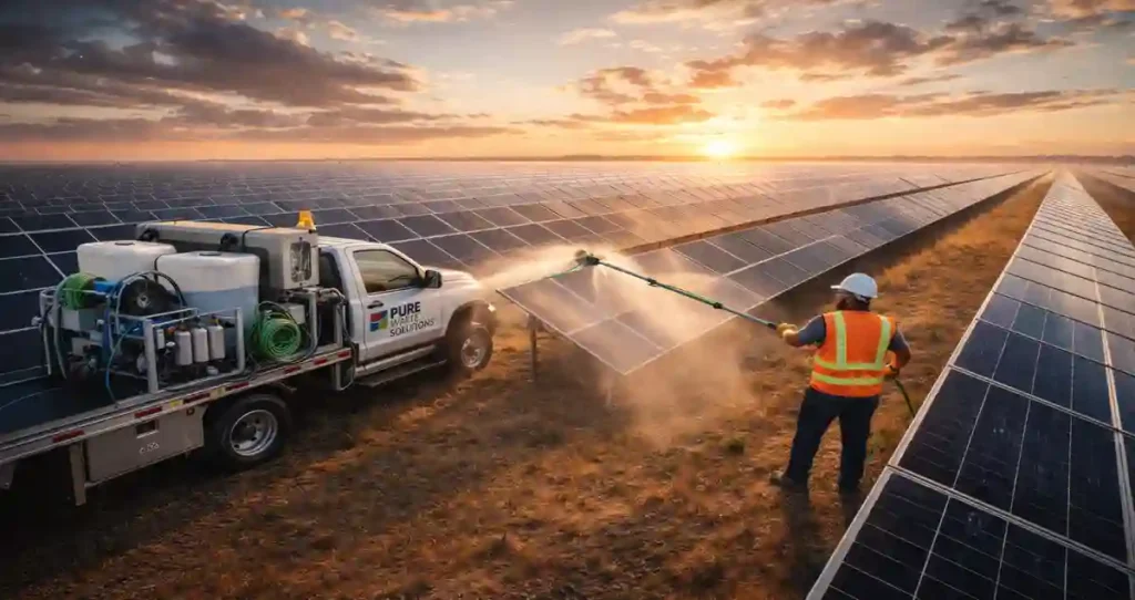Commercial solar panel cleaning using a specialized water-fed pole system and purification truck - SolarVision AI