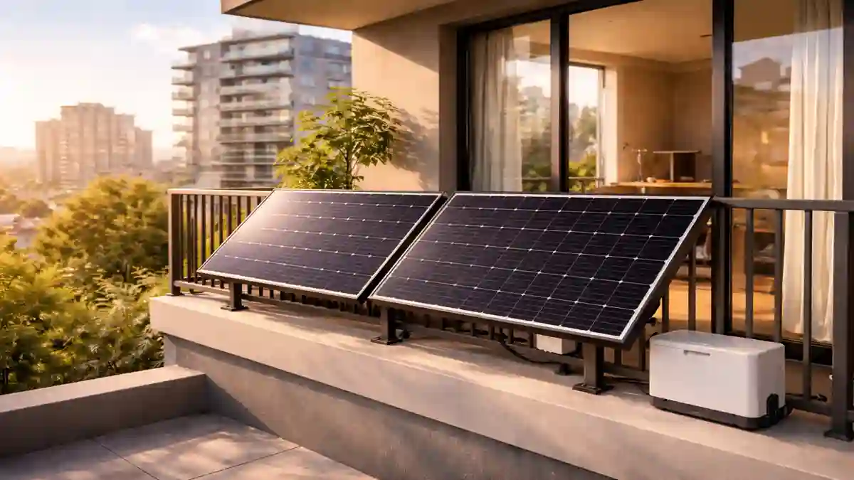 Professional balcony solar panels with a Home BESS battery unit on a modern apartment balcony.