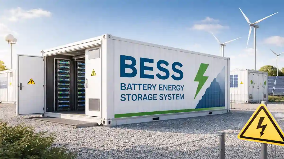 Battery Energy Storage System (BESS) facility with solar panels and wind turbines, showing lithium-ion battery containers and energy flow