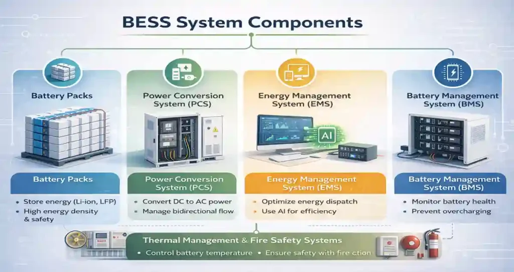 BESS system components including battery, PCS, EMS, and BMS for energy storage management.