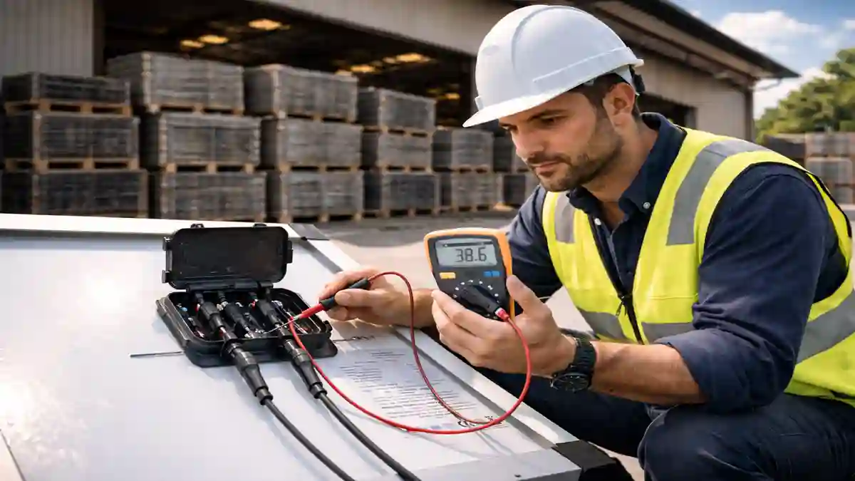 Professional solar engineer in a hard hat and safety vest using a multimeter to test the open-circuit voltage (Voc) of a used solar panel junction box at a warehouse.