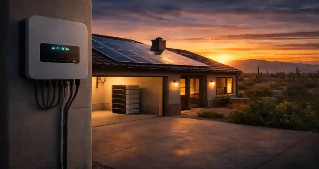 Real case hybrid inverter solar system powering a home in Mesa, Arizona with bifacial panels and battery storage