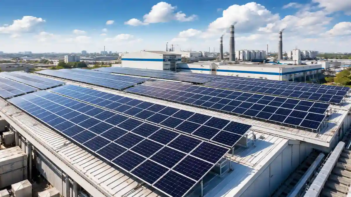 Industrial solar panels installed on factory roof for energy optimization and ROI