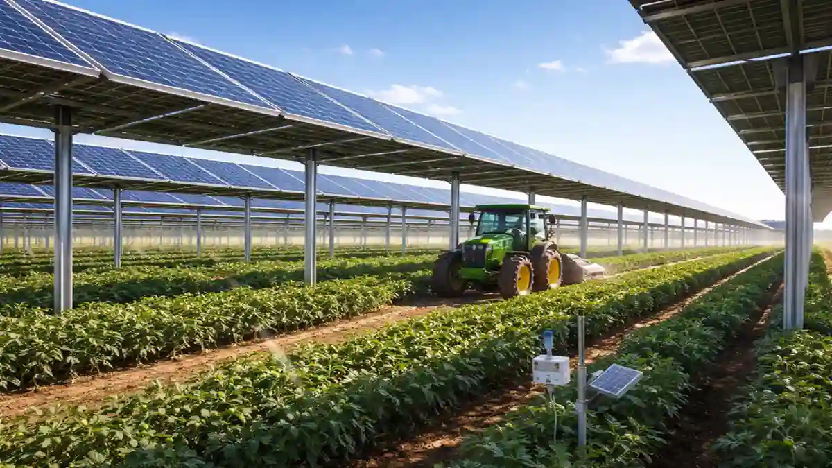 Smart farming agrivoltaics system with elevated agricultural solar panels and AI monitoring sensors above crop rows.