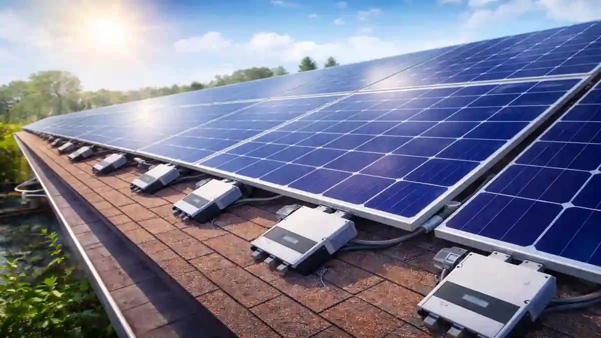 Solar micro inverter system on a residential rooftop. Each panel operates independently for optimized energy production.