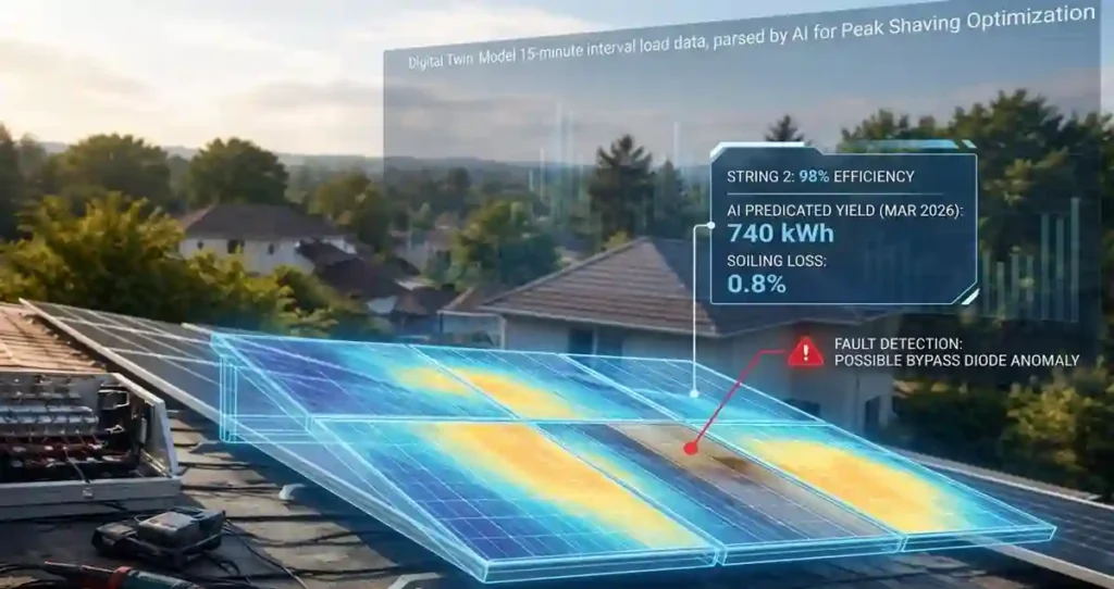 AI optimizes solar engineering through a 3D digital twin interface, showing real-time shading analysis, 8760-hour irradiance mapping, and predictive fault detection for a residential solar panel installation.