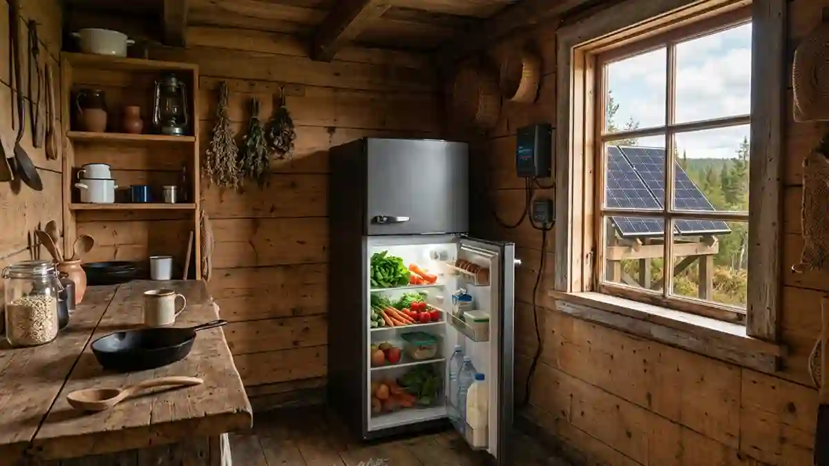 A compact DC solar refrigerator inside a rustic off-grid cabin interior with a window view of the solar panel array