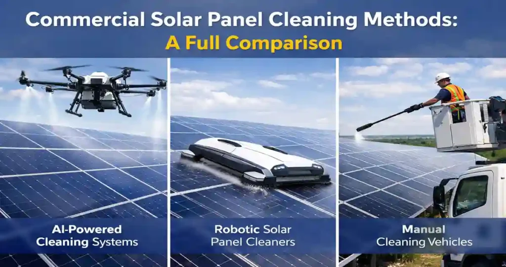 Commercial solar maintenance and solar panel cleaning methods comparison featuring AI-powered drone cleaning systems, robotic solar panel cleaners, and manual cleaning vehicles used for large-scale solar farm maintenance.