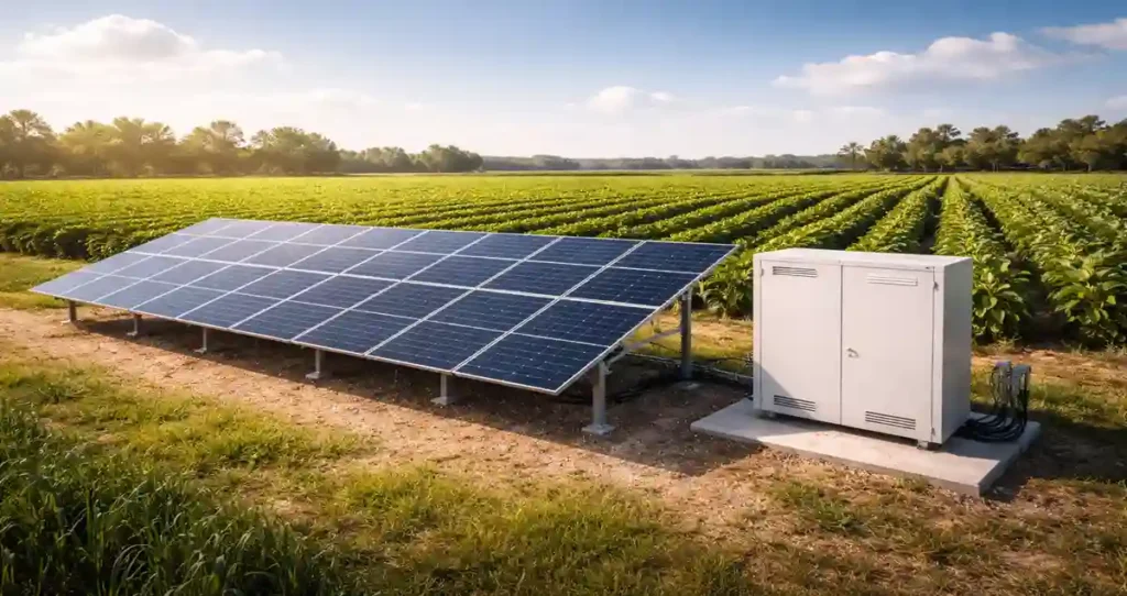 Ground-mounted solar panels with lithium ion battery storage system installed at agricultural farm