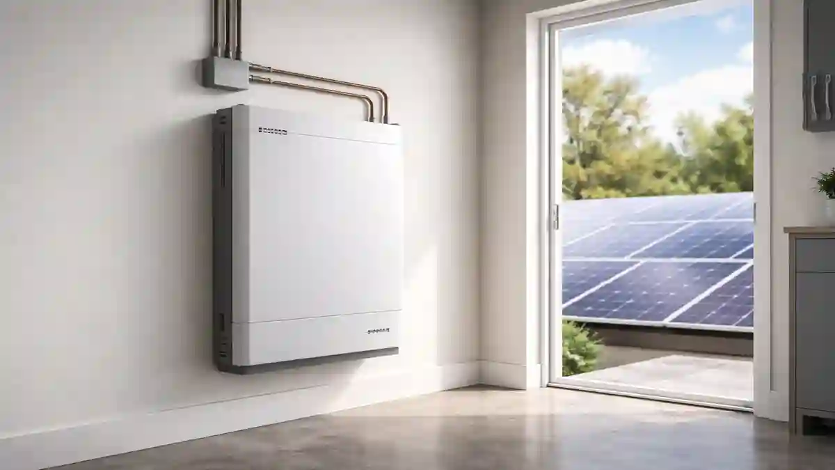 Wall-mounted lithium ion battery for solar storage installed in modern home
