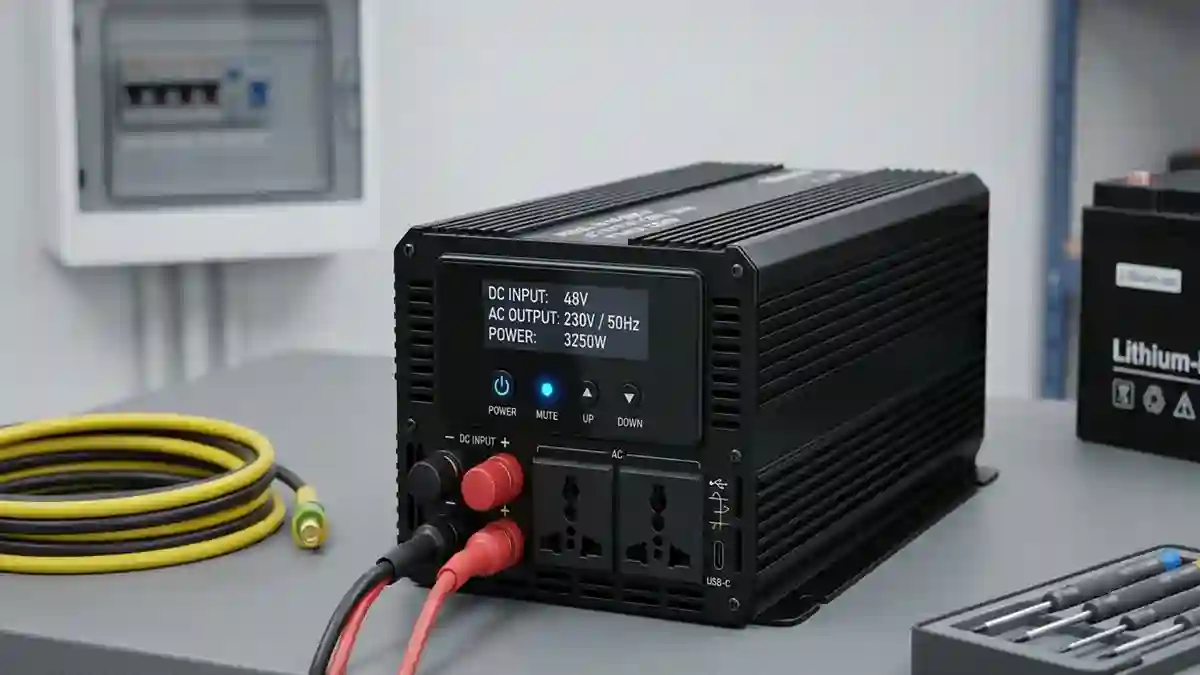 Modern black power inverter with LCD display and DC cables on a professional workshop workbench.