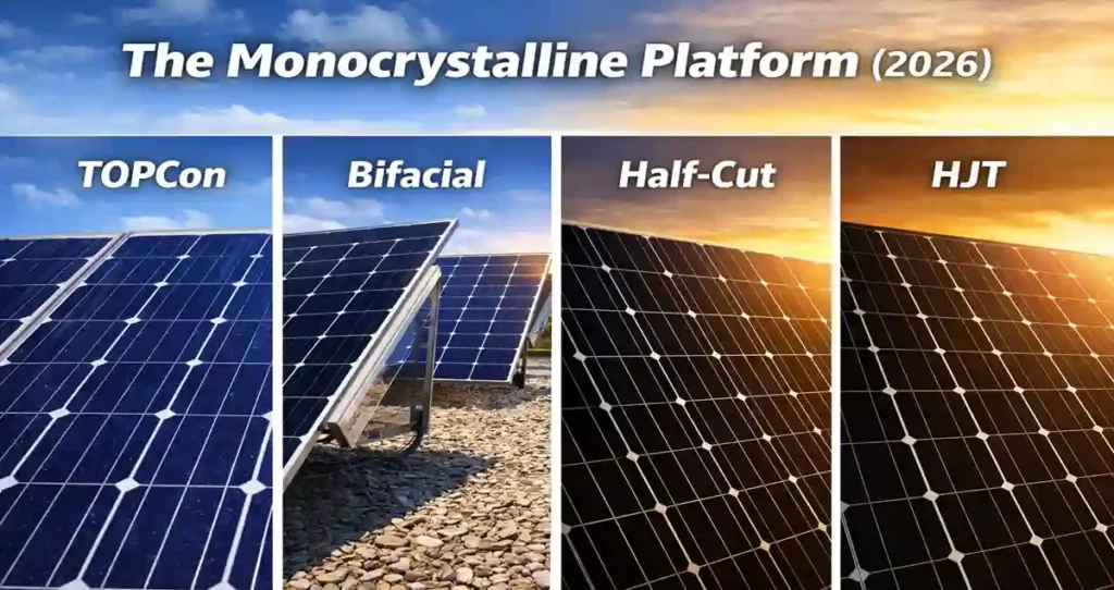 Engineering comparison of the monocrystalline solar panels platform featuring TOPCon, HJT, Bifacial, and Half-Cut cell architectures for 2026.