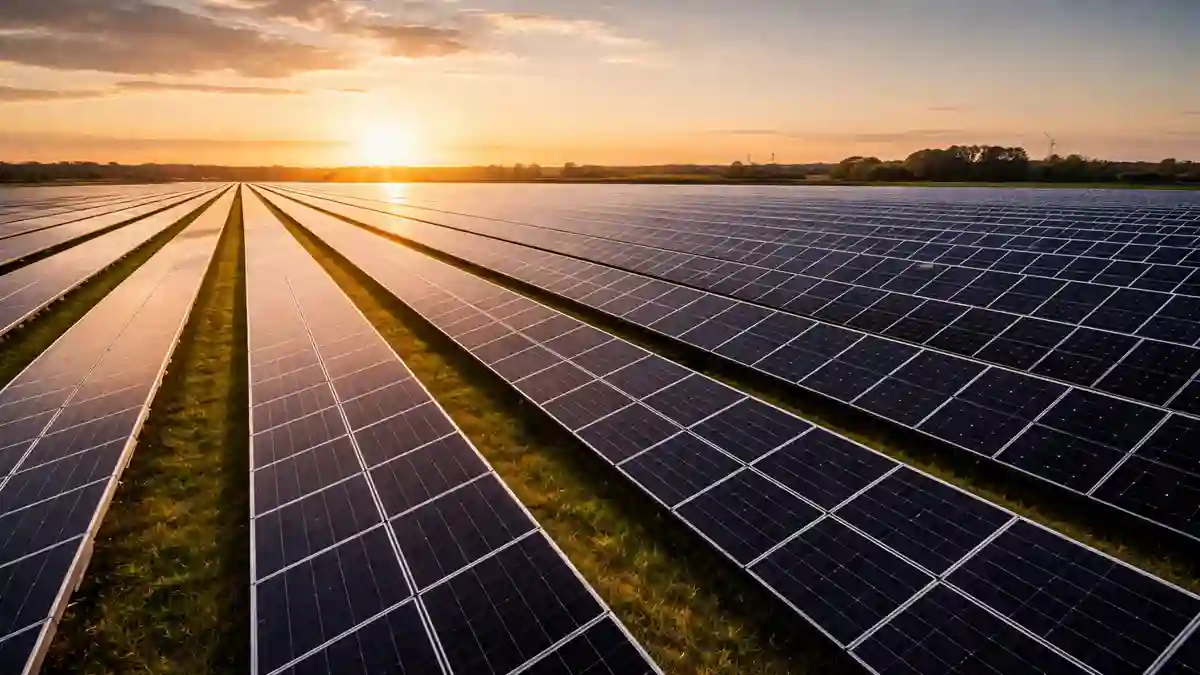 Monocrystalline solar panels in a large-scale solar farm with black high-efficiency panels under golden sunlight