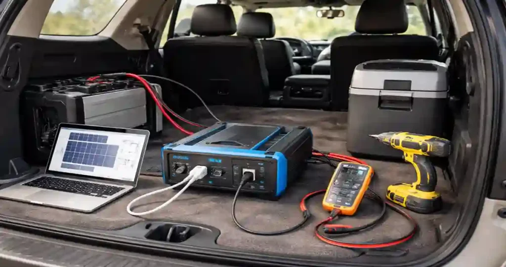 Power inverter for car connected to battery in SUV powering laptop tools and mini fridge