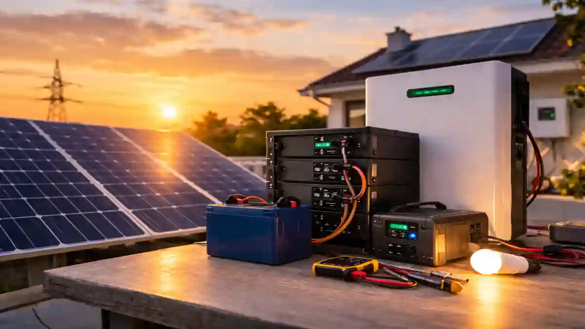 Realistic image showing modern solar batteries with different types and storage solutions for home and commercial use.