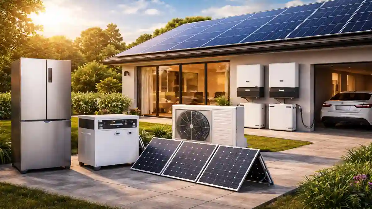 Modern energy-efficient home equipped with solar home appliances including rooftop solar panels, solar air conditioner, solar refrigerator, and lithium battery storage system