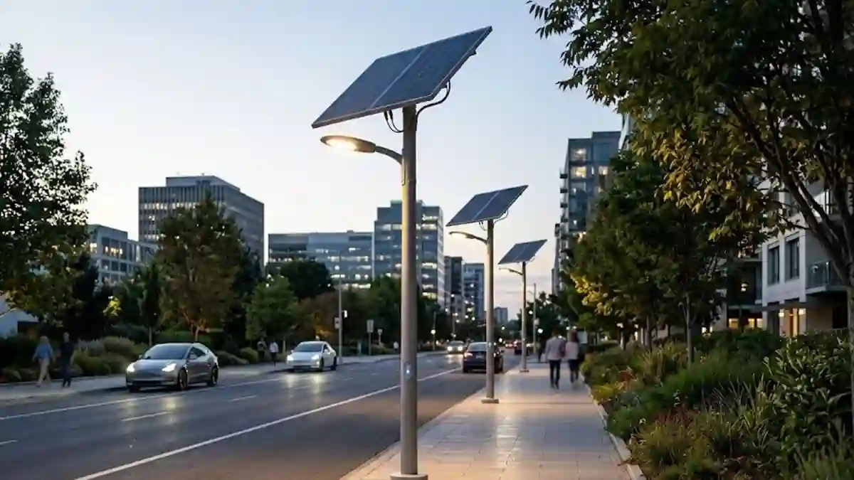 Urban and industrial scene at dusk with solar street light glowing over residential streets, industrial roads, and a parking lot