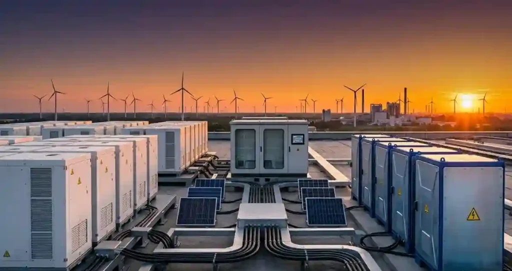 Commercial solar battery installation showing modular LFP BESS cabinets and rooftop solar panels for industrial energy storage.