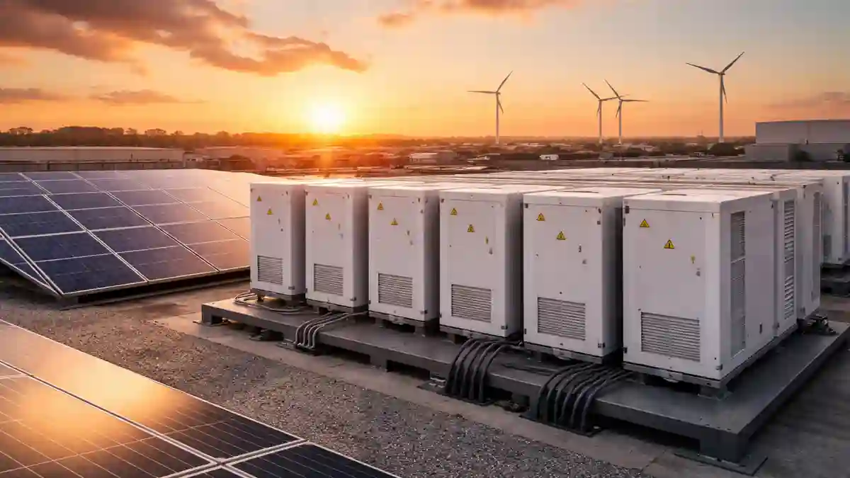 Close-up of a professional commercial solar battery installation, showing modular LFP battery storage cabinets (BESS) connected to a rooftop solar panel array at an industrial facility during golden hour.