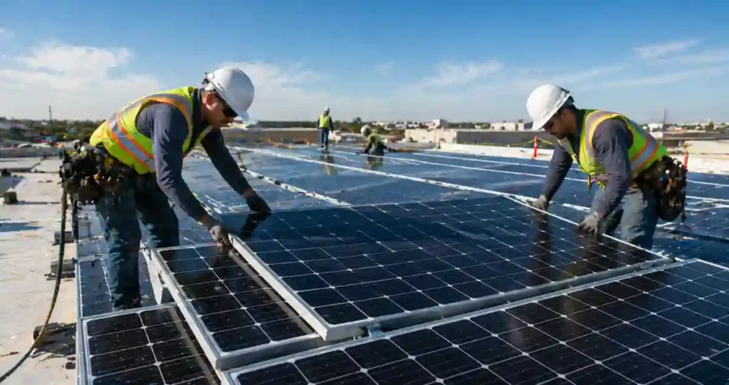 Commercial solar installers installing rooftop solar panels during daytime on a large-scale commercial solar project