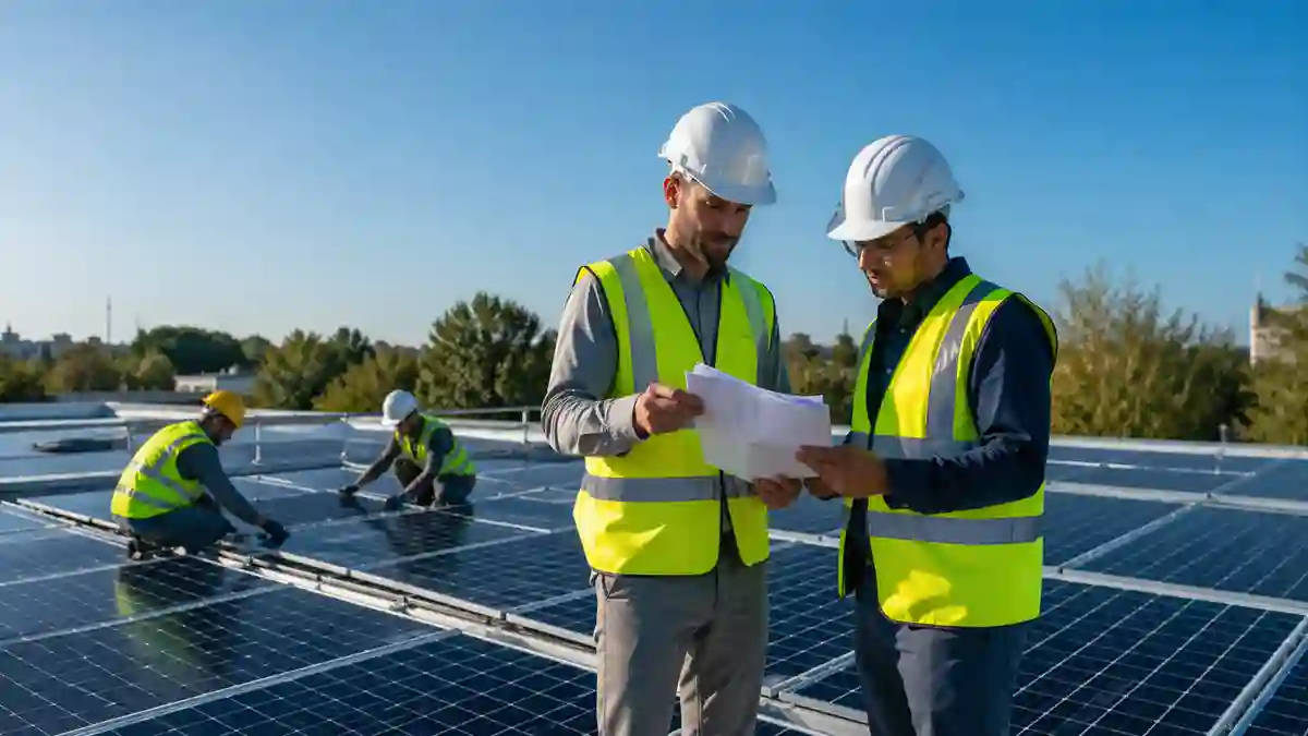 Commercial solar installers supervising rooftop solar panel installation while technicians install photovoltaic modules in the background