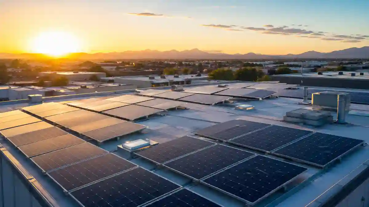 Commercial solar panel installation on an industrial rooftop with large-scale solar array system