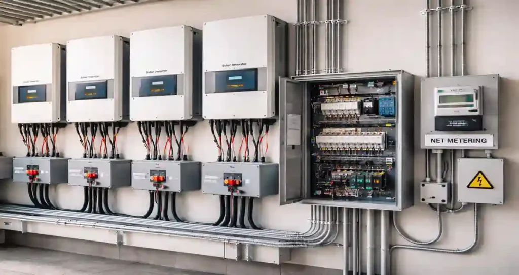 Industrial solar inverter room setup: 3-phase string inverters and utility-grade net metering system for Commercial Solar Panel Installation