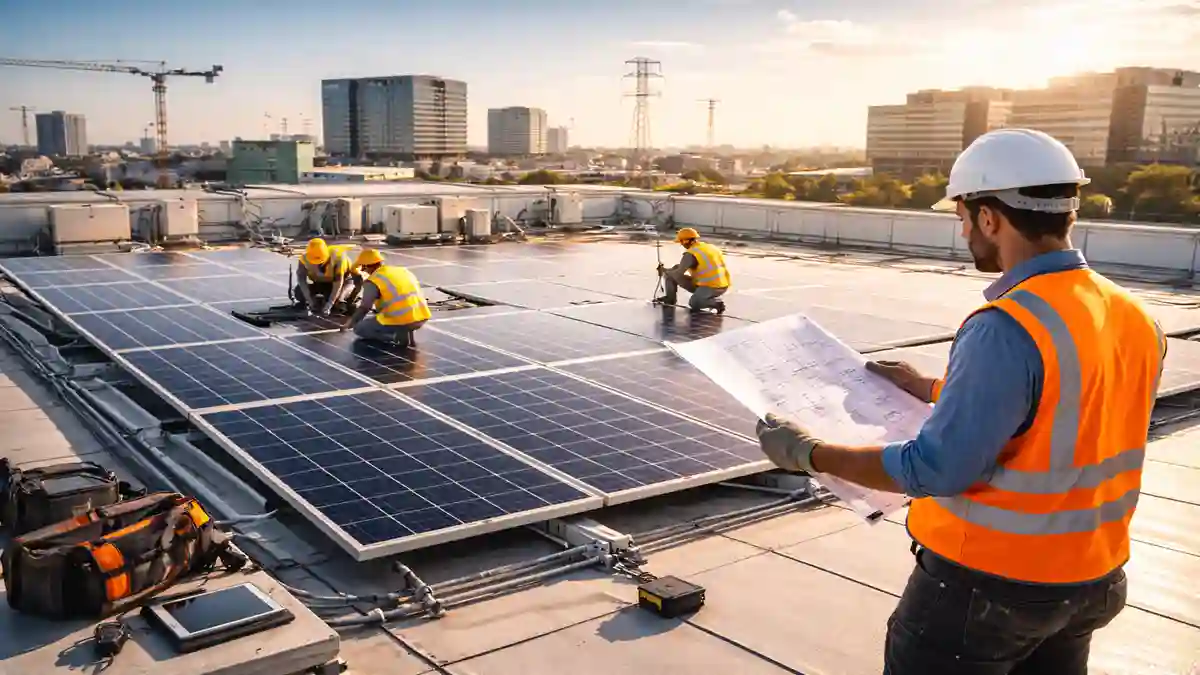 Commercial rooftop solar installation engineering: Structural load assessment and ballasted racking on a flat warehouse roof.
