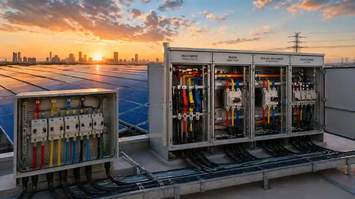 Commercial solar power installation with three-phase wiring distribution board and open switchgear connected to solar panels for grid integration