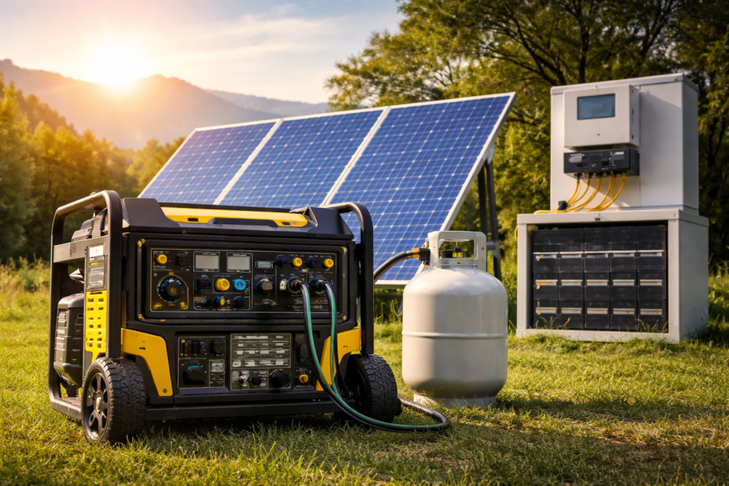 Dual fuel inverter generator integrated with solar panels and LiFePO4 battery bank for off-grid power independence.