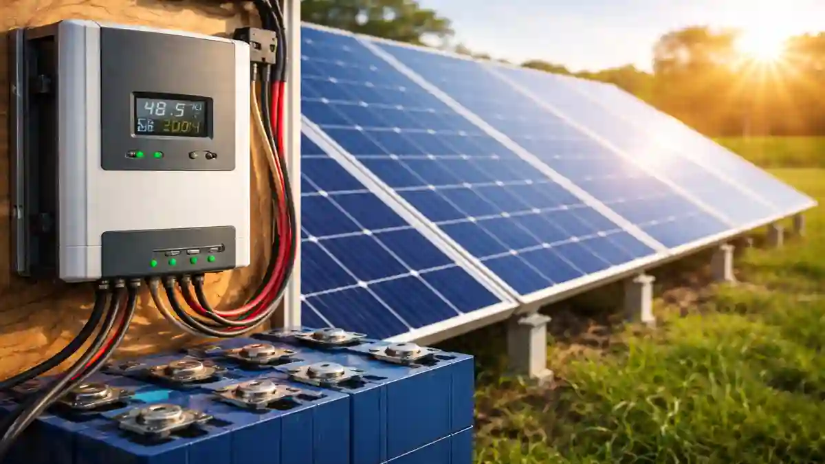 Solar Charge Controller for Lithium Batteries connected to solar panels and battery bank in an off-grid solar power system