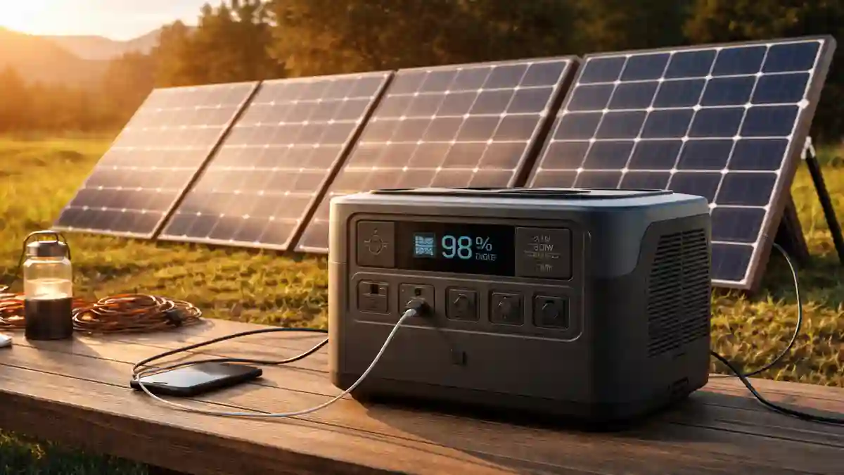 Portable solar generator connected to solar panels outdoors generating clean energy in natural sunlight
