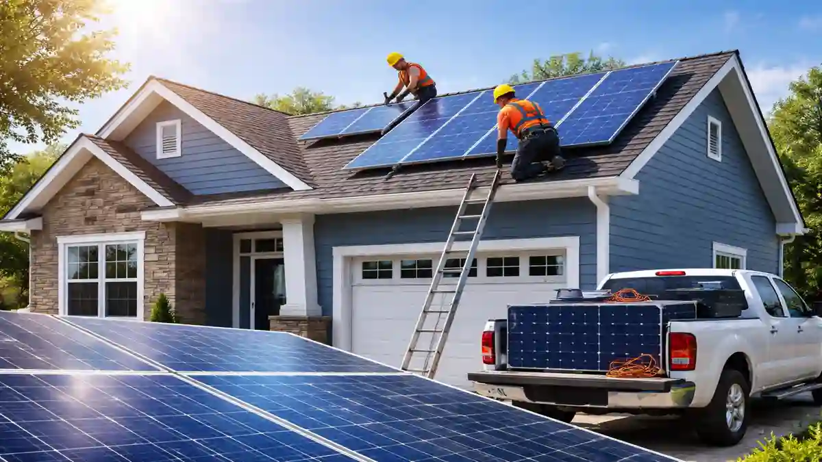 Solar panel installation cost on a residential home roof showing workers installing panels for cost analysis in 2026 US homeowners guide