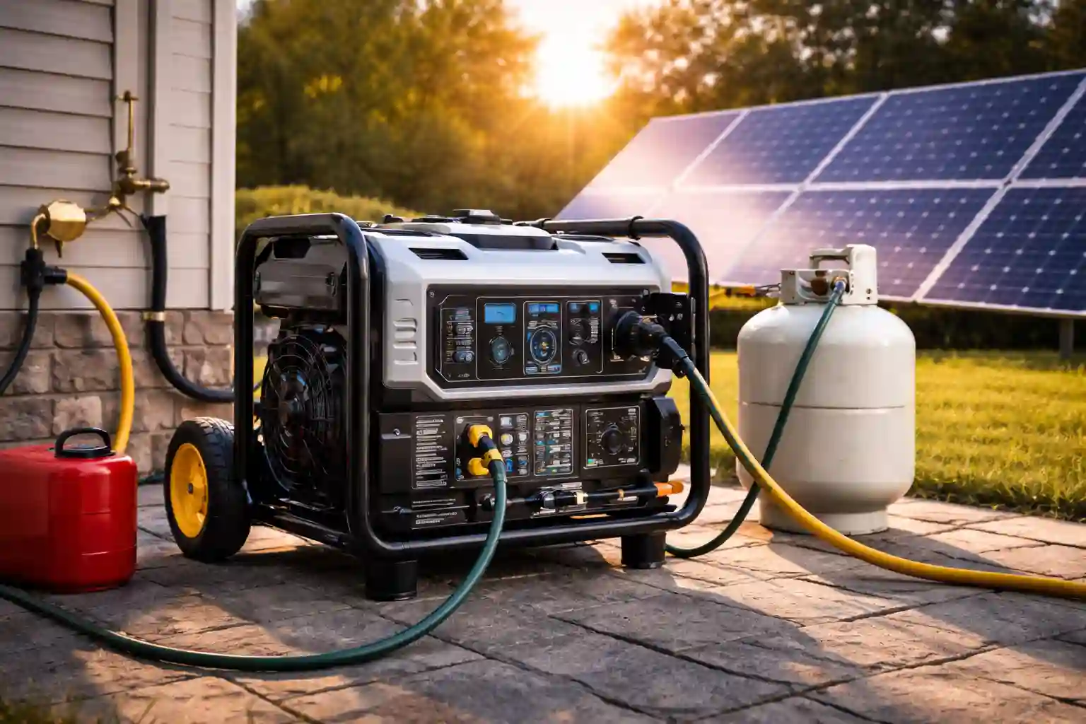 Tri fuel inverter generator connected to propane and natural gas with solar panels in background for home backup power