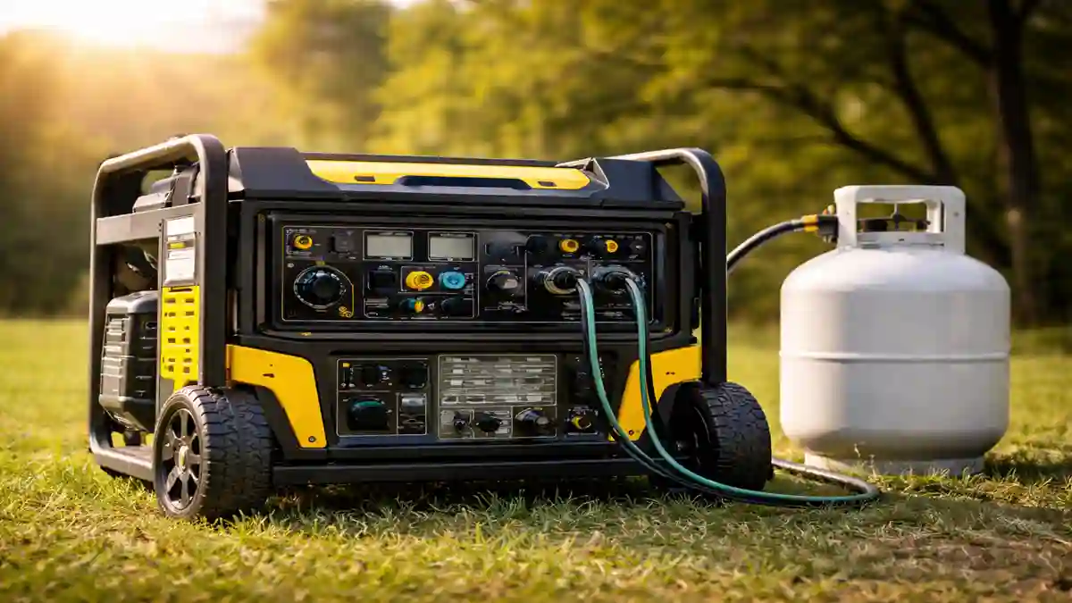 Dual fuel inverter generator running on propane with portable design and clean power output for home backup