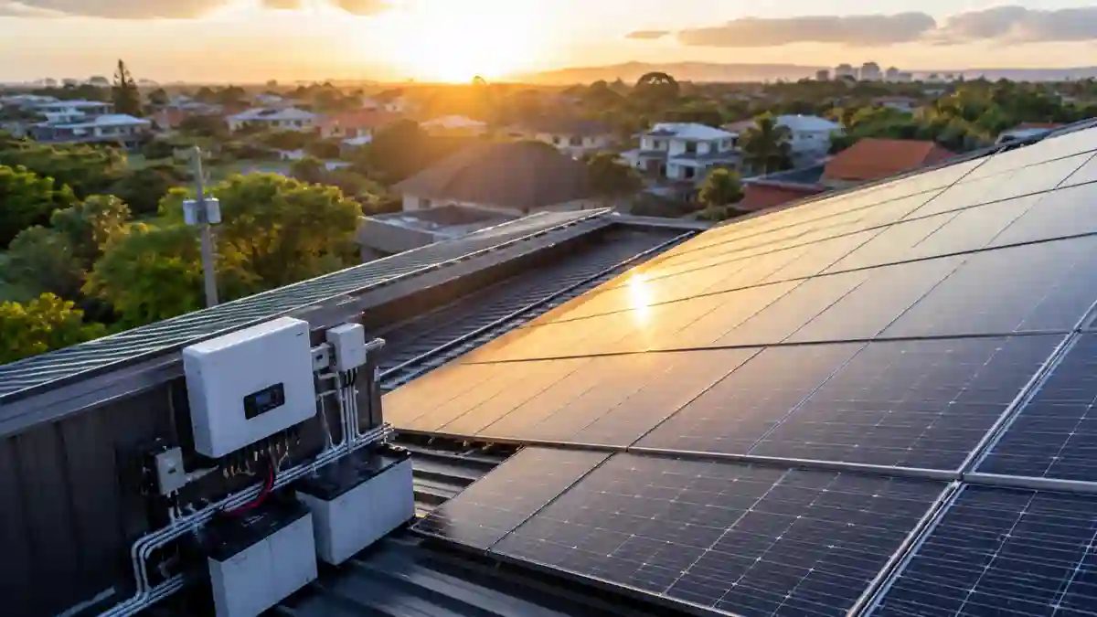 AI solar energy management system with rooftop solar panels, smart inverter, and battery storage unit at sunset optimizing net metering credits