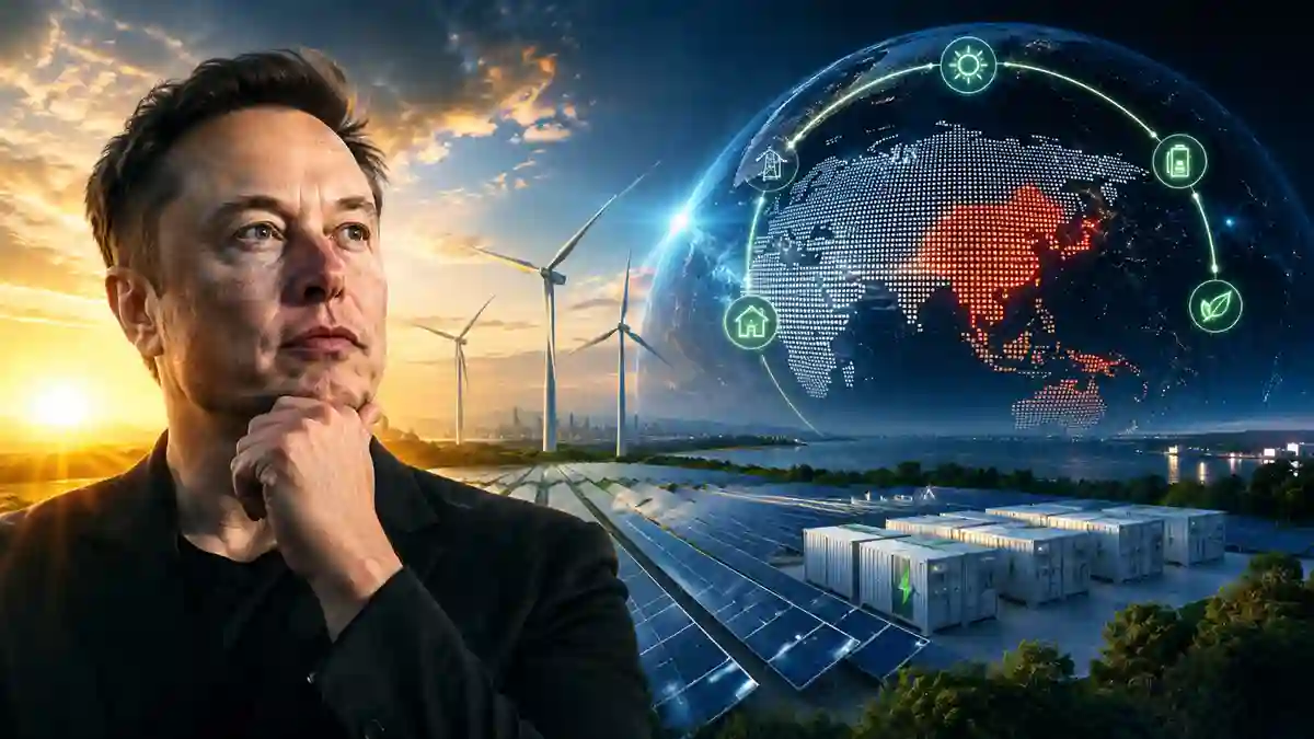 Elon Musk solar energy warning analysis graphic showing Musk next to wind turbines, utility-scale solar panels, battery storage, and a global digital map highlighting China supply chain concentration.