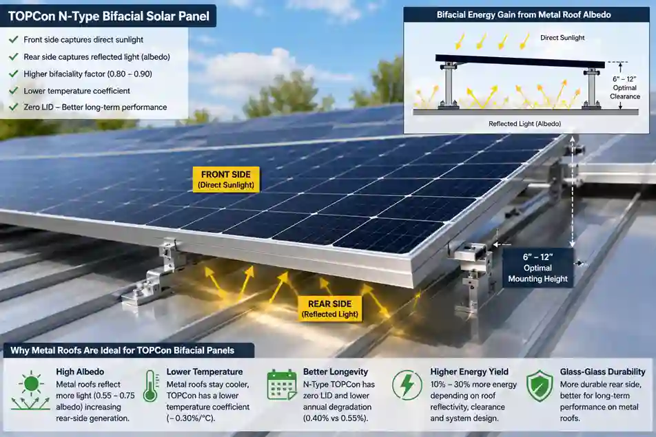 Installing Solar Panels on a Metal Roof using TOPCon N-Type bifacial solar panels with standing seam mounting system