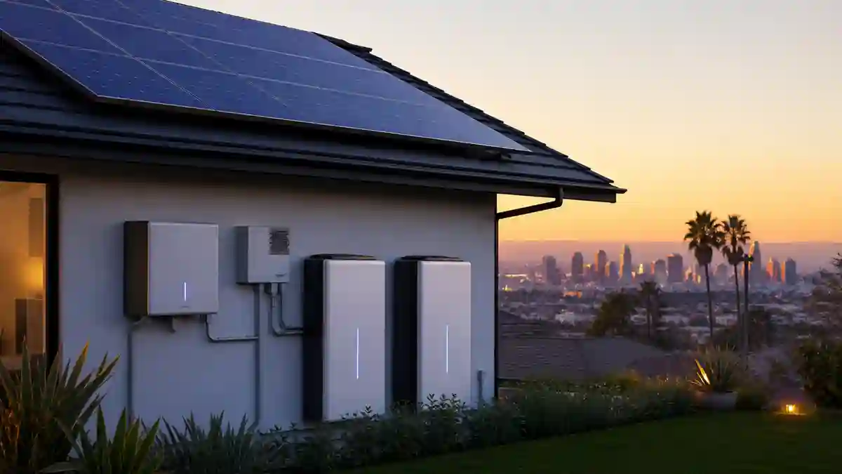 Modern home with rooftop solar panels and battery storage system at sunset, representing AI-optimized solar energy under NEM 3.0