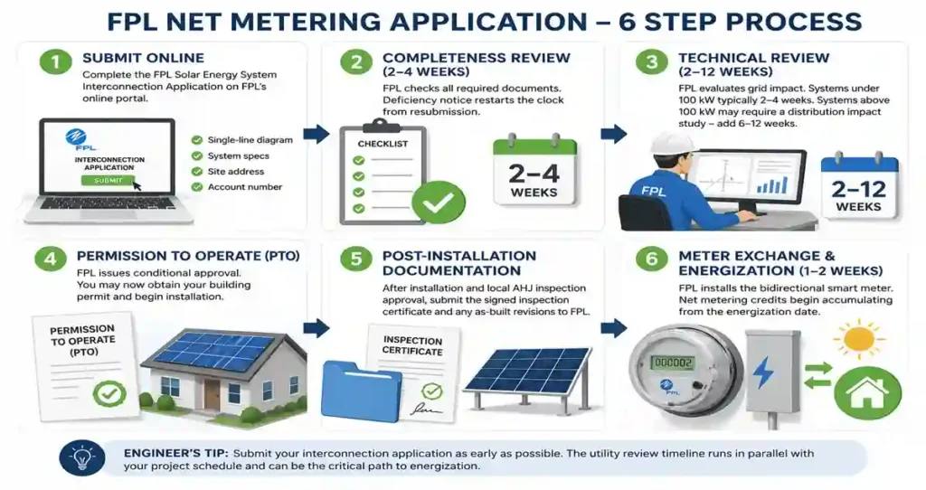 Net metering programs by state infographic showing the FPL 6 step solar interconnection and net metering approval process