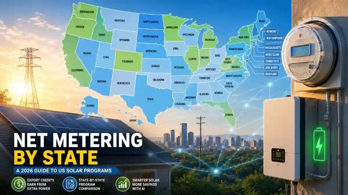 S net metering programs by state with residential solar panels, smart utility meter, battery system, and USA energy grid visualization