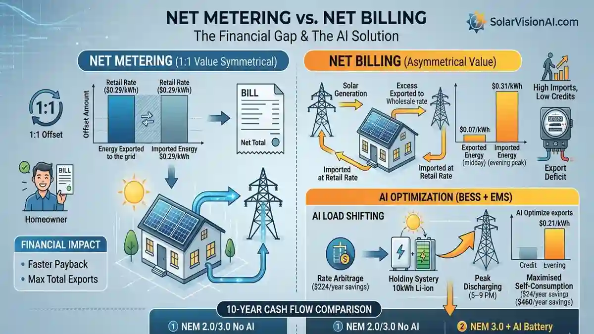 Net Metering vs Net Billing comparison infographic showing financial gap and AI battery optimization ROI on California NEM 3.0.